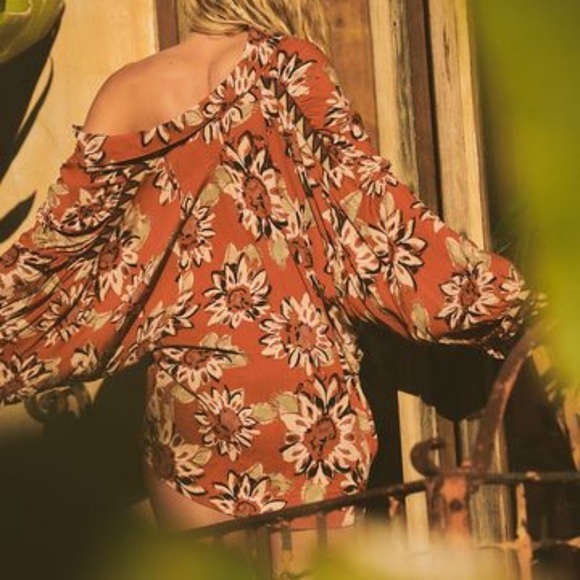 Free People Floral Button Down Shirt - Orange and White - Picture 6 of 16